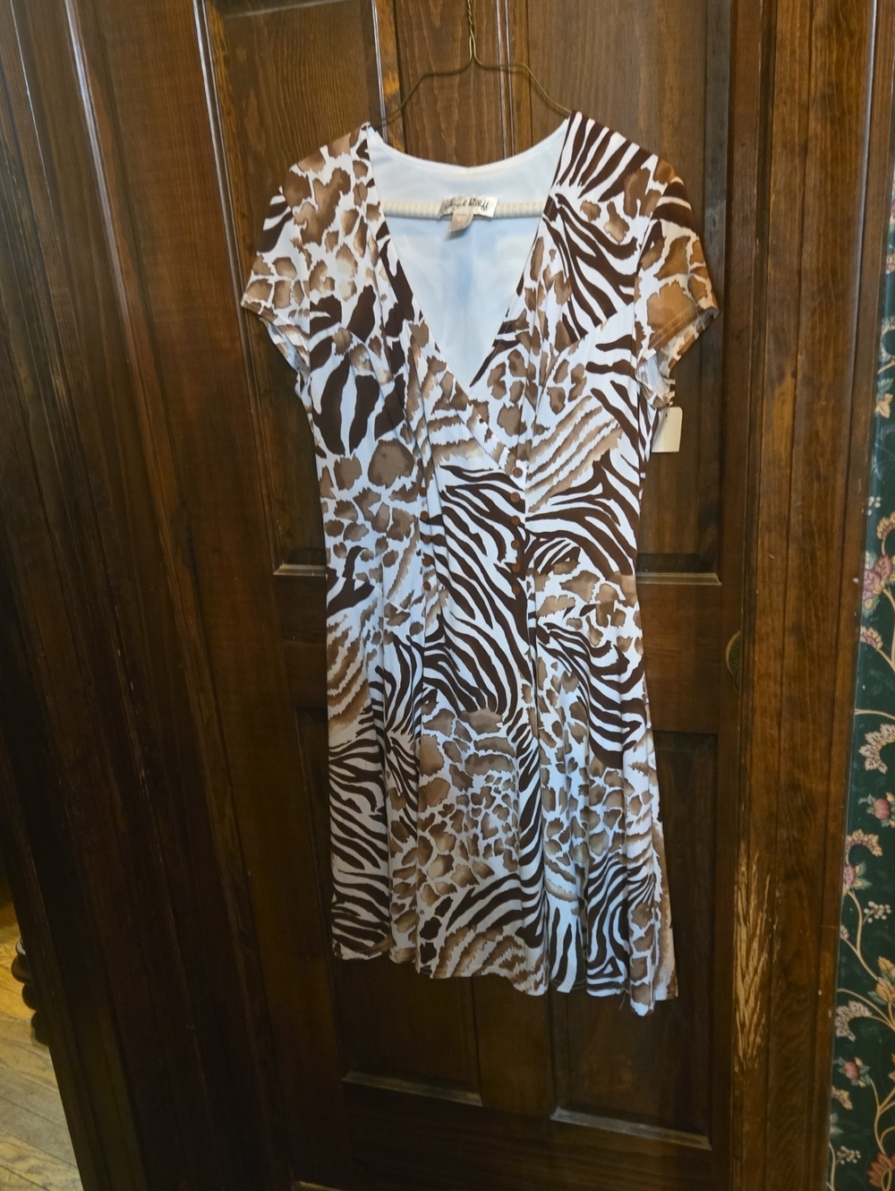 Joseph Ribkoff Brown and White Animal-Print V-Neck Midi Dress